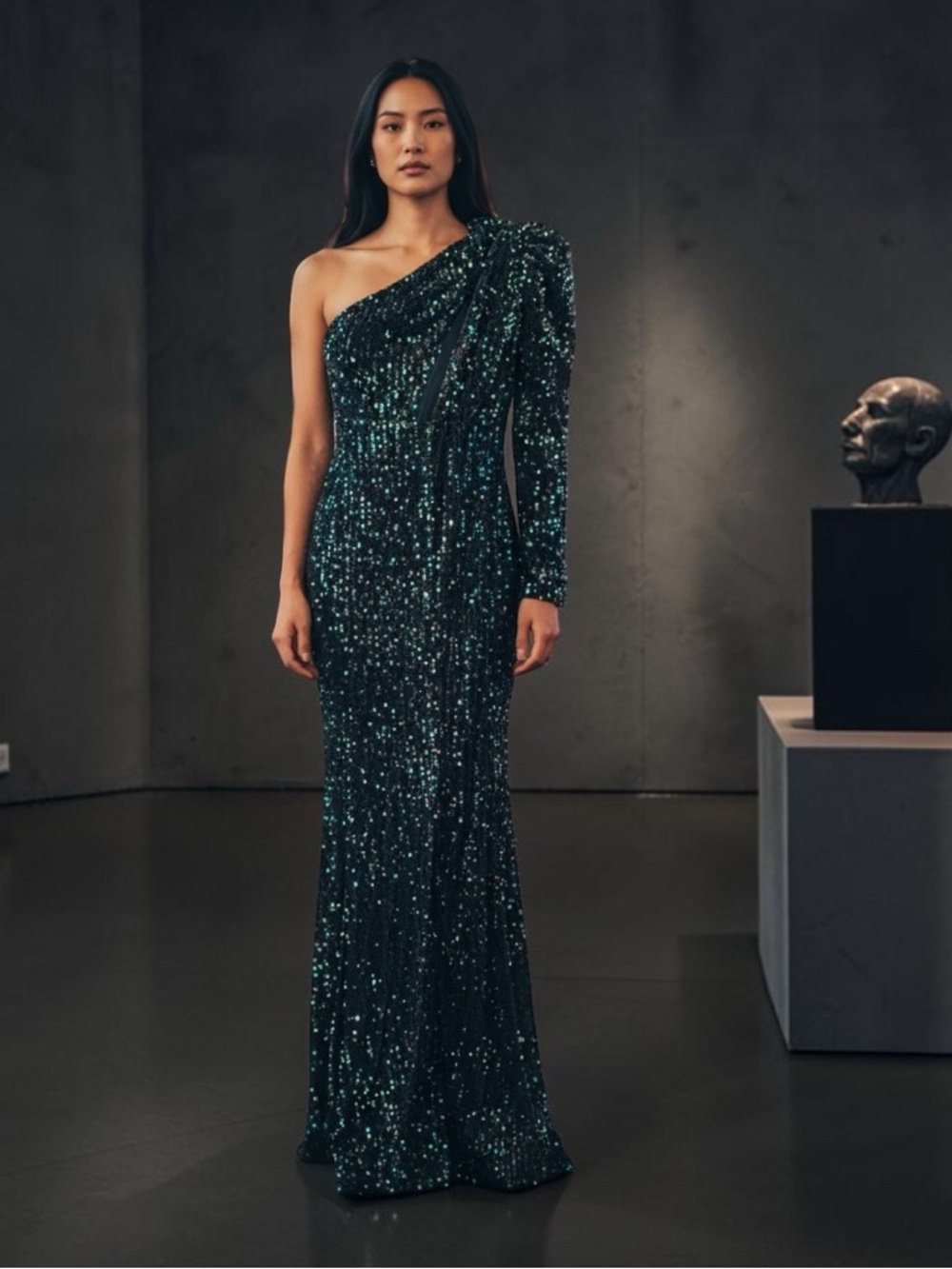 One-Shoulder Emerald Sequin Evening Gown - Large